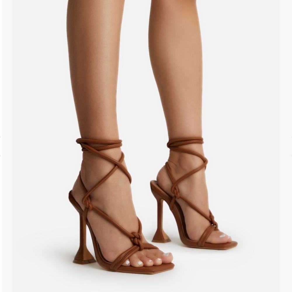 EGO Fiat Lace Up Square Toe Sculptured Heel - Tan Brown Faux Leather